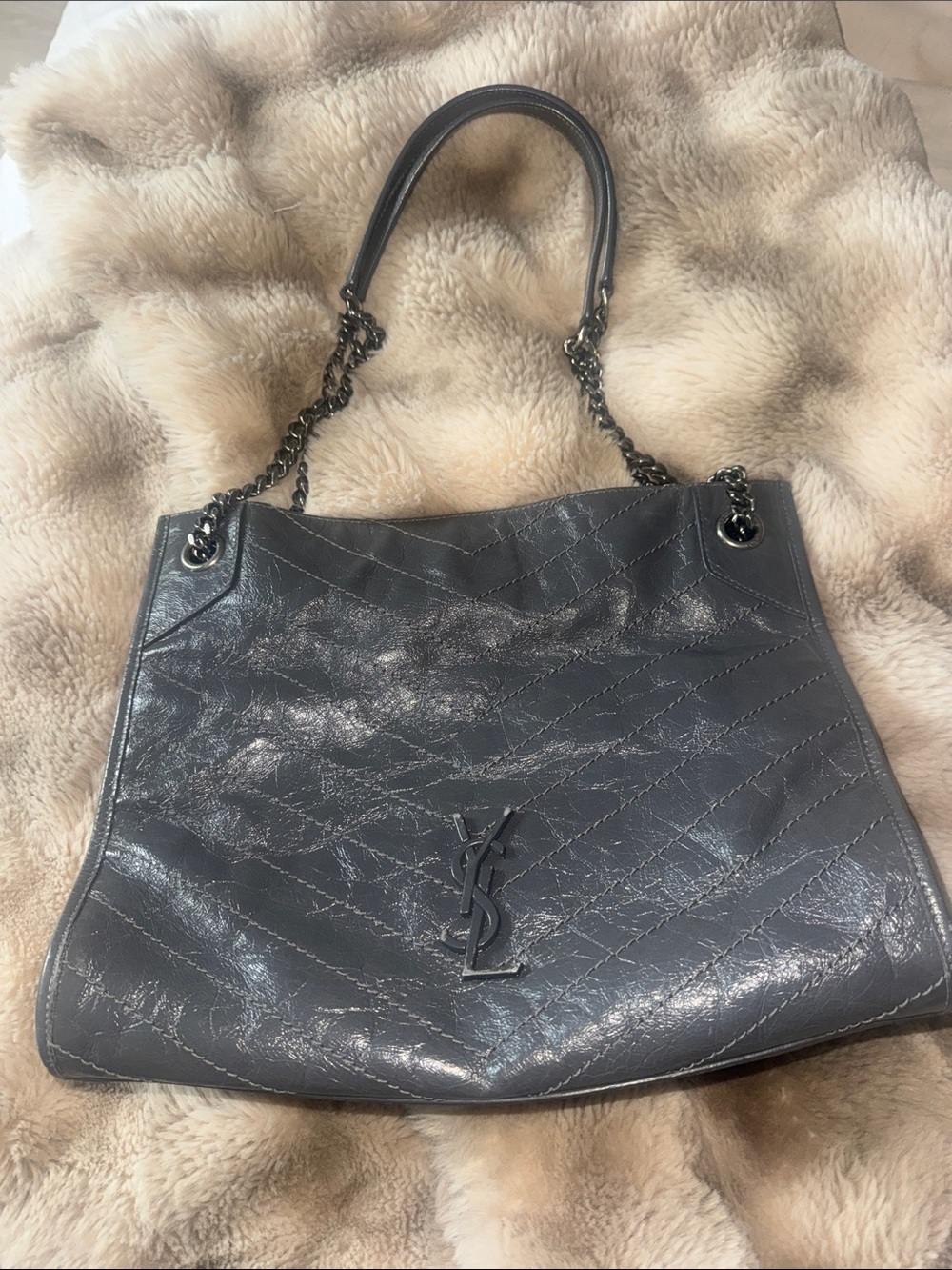 Saint Laurent Gray Quilted Leather Shoulder Tote with YSL Logo